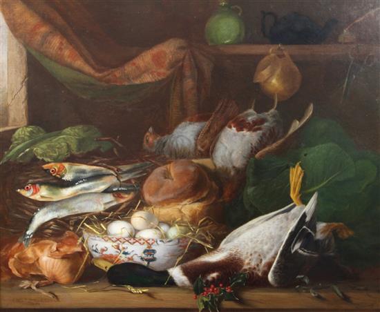 Emily P. Harding (19th C.) Still lifes of fish, game, flowers and vegetables 24.5 x 30in.